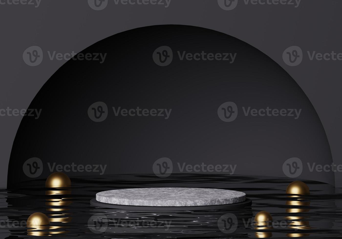 Luxury mockup Gray podium on water surface with Golden marble and round black frame and black background. abstract minimal concept for product display. 3d rendering Premium Photo