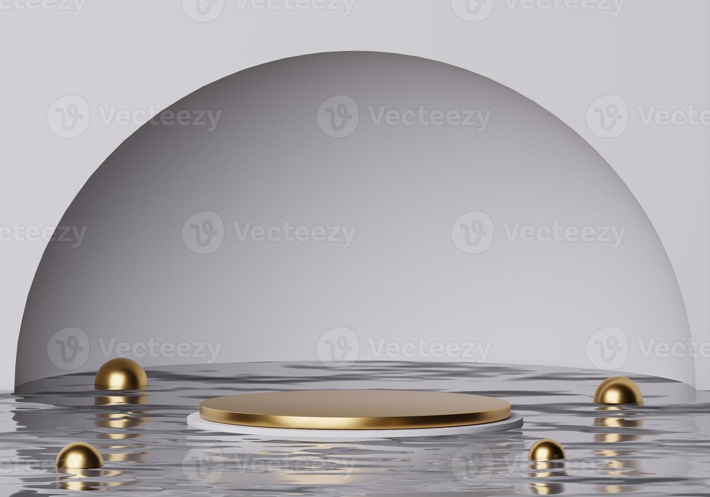 Luxury mockup golden podium on water surface with Golden marble and round white frame and white background. abstract minimal concept for product display. 3d rendering Premium Photo