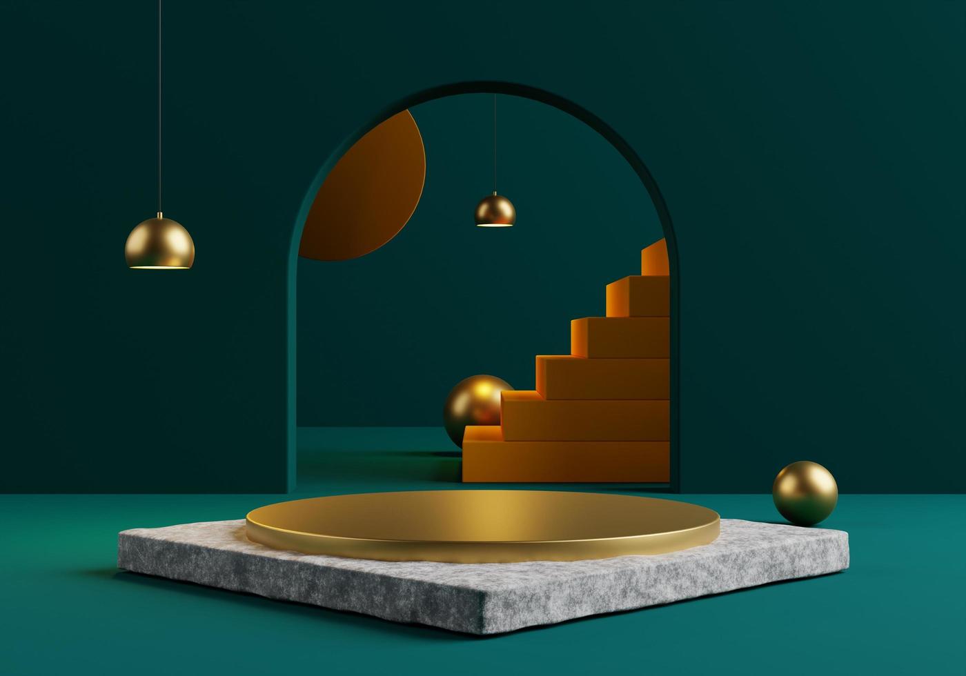 Empty stage illuminated by a Hanging spotlight, Golden stair and golden podium on Marble Basement  3D Rendering photo