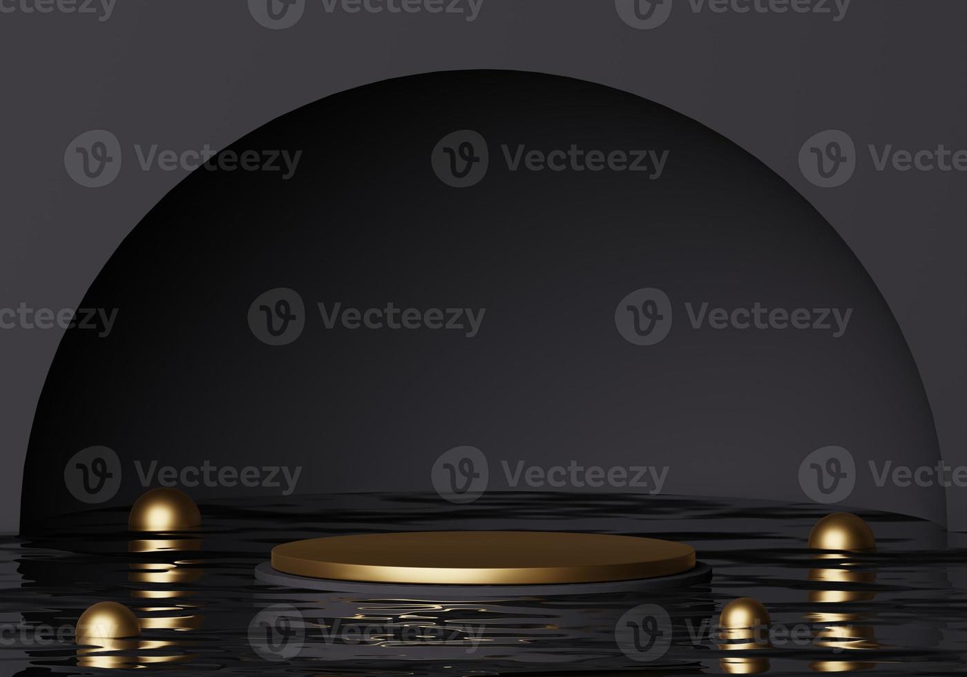 maqueta de lujo podio dorado en la superficie del agua con mármol dorado y marco negro redondo y fondo negro. concepto mínimo abstracto para la exhibición de productos. Foto premium de representación 3d