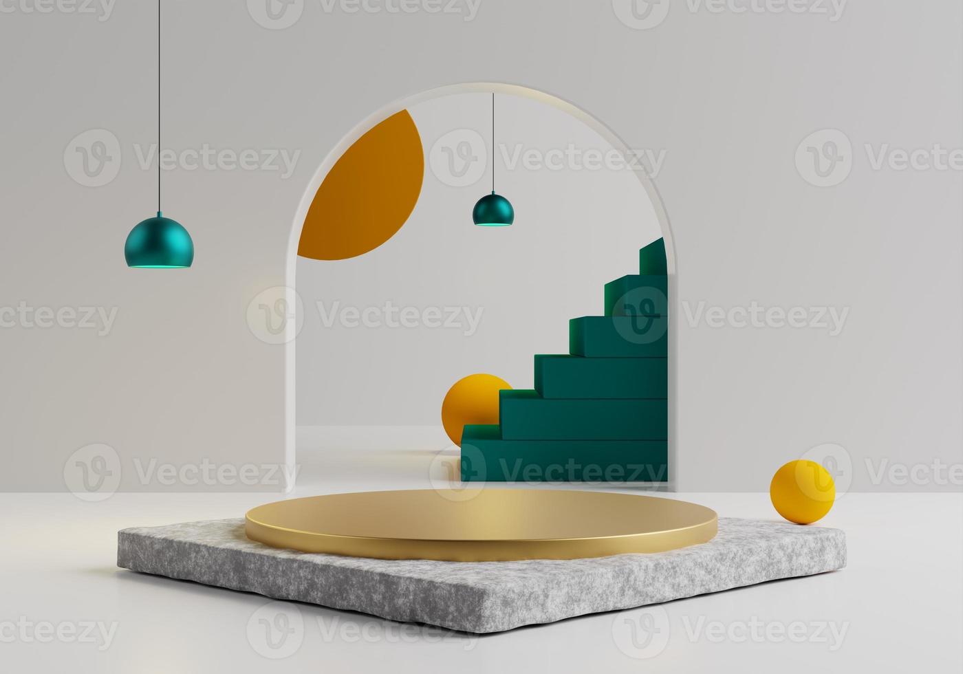 Empty Podium illuminated by Hanging Green spot light, Green stair and golden podium on Marble Basement and white background and  3D Rendering Interior photo