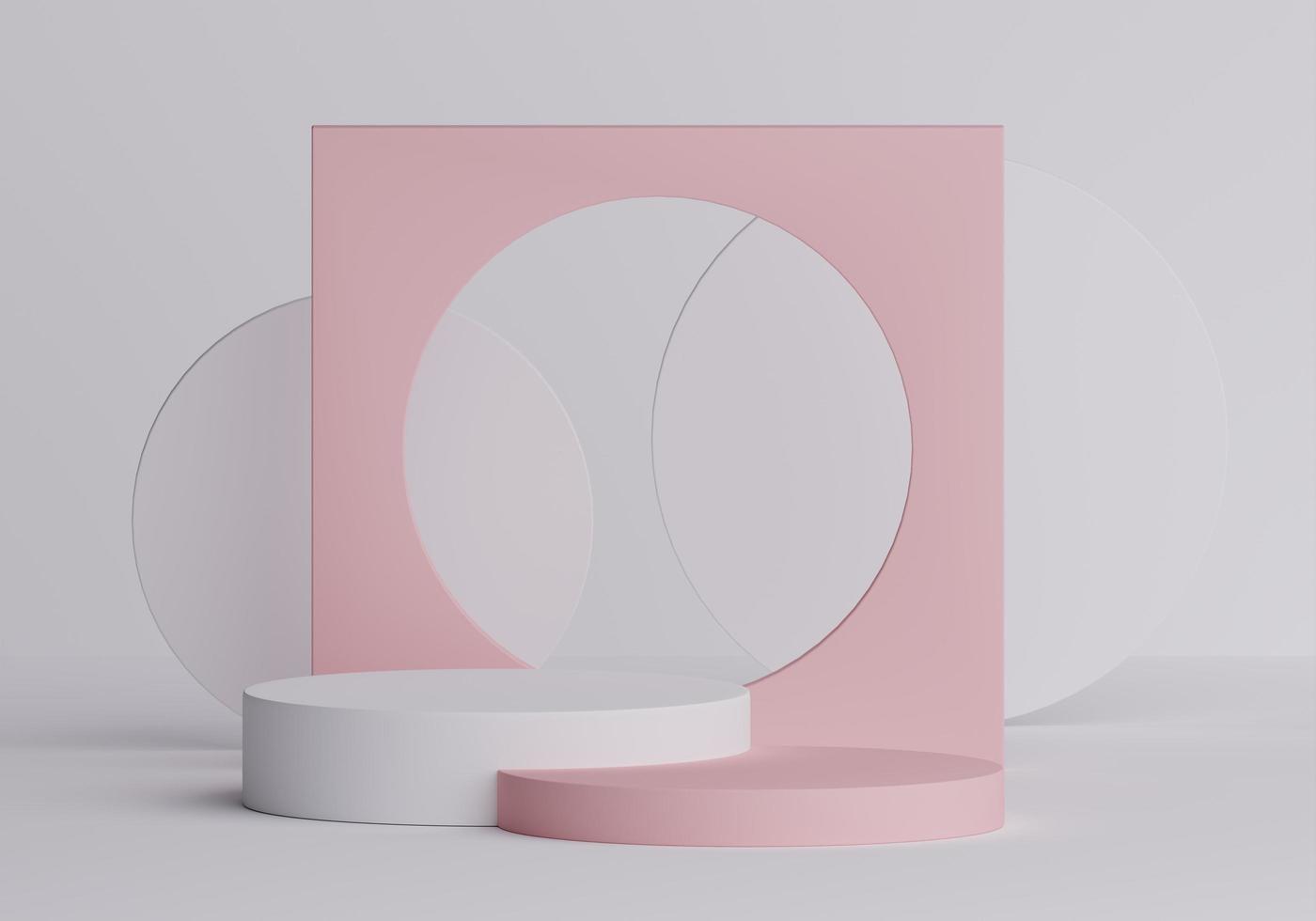 Pink round stage on white background with circle shapes in the middle. backdrop for product display. 3d rendering White Premium podium photo