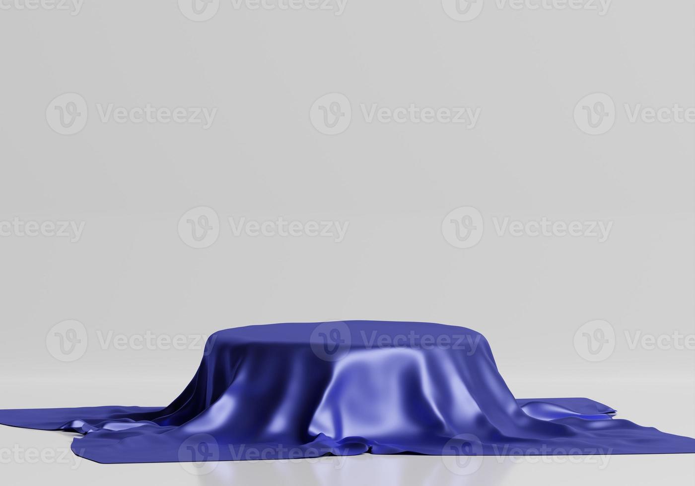 3d round product podium display covered with silver color fabric drapery folds isolated on white background photo