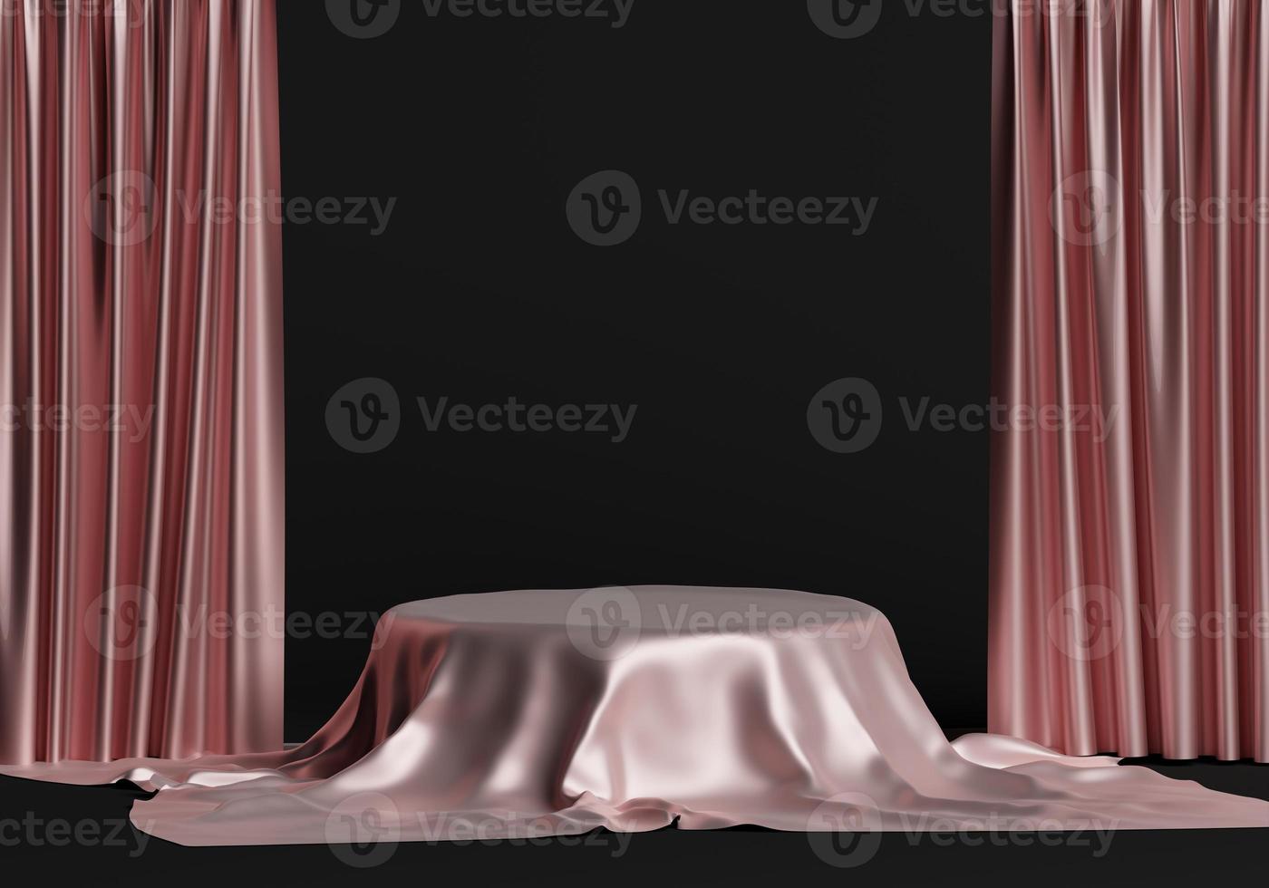 3d round product podium display covered with silver color fabric drapery folds isolated on white background photo