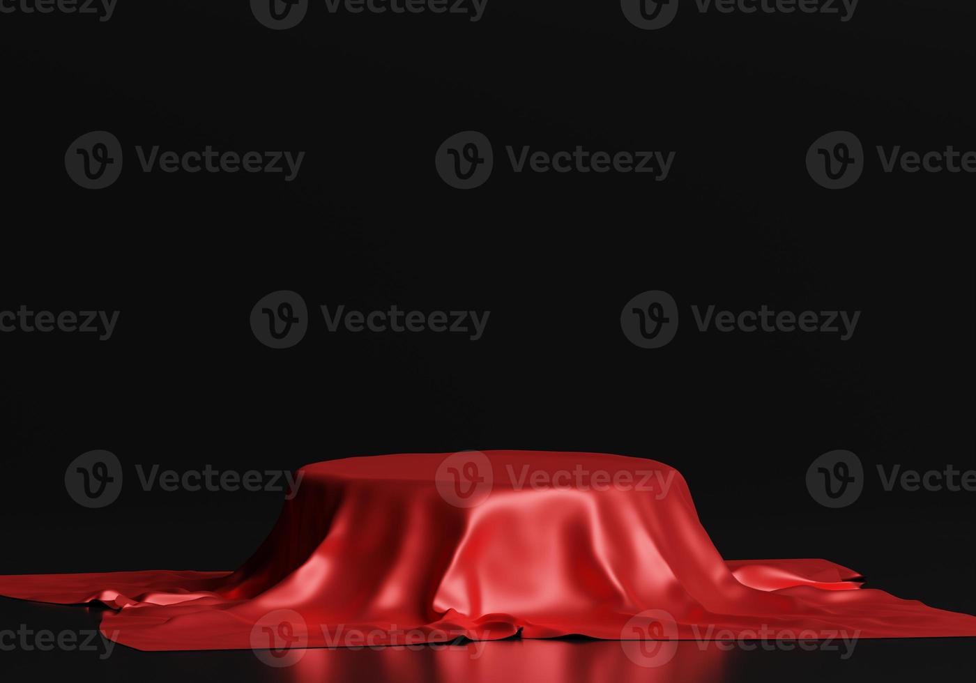 3d round product podium display covered with silver color fabric drapery folds isolated on white background photo