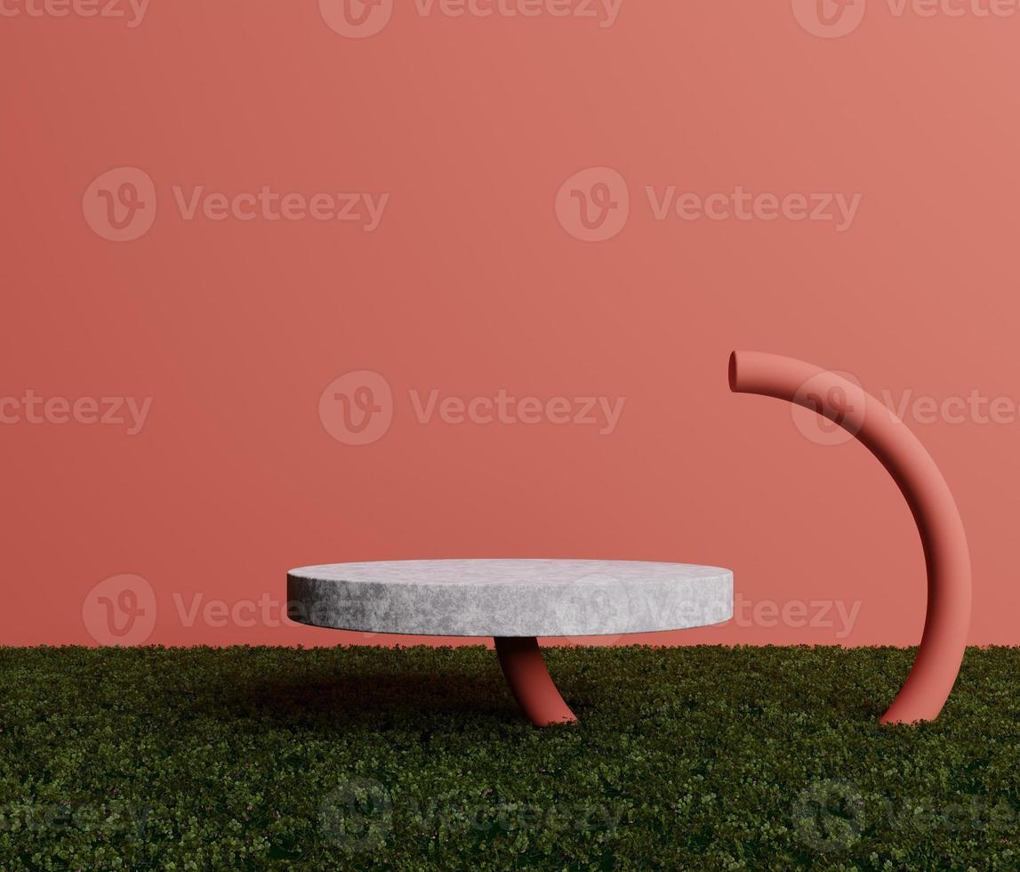 Cylindrical marble podium on natural fresh green grass and 3D rendering red pipe Pastel photo
