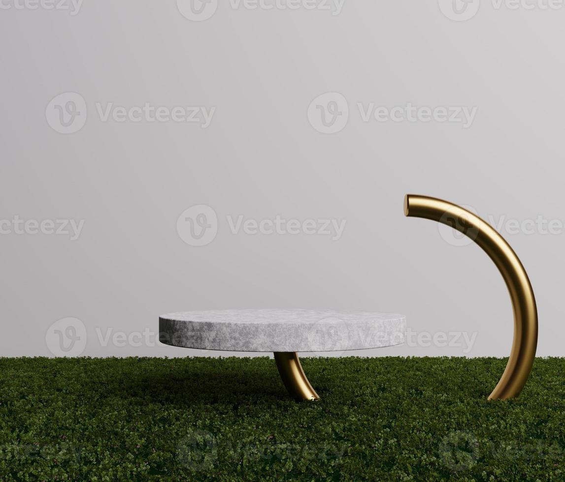 Cylindrical marble podium on natural fresh green grass and 3D rendering white and golden pipe Pastel photo