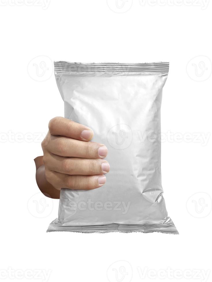 Foil food package mockup in hand on white isolation background photo