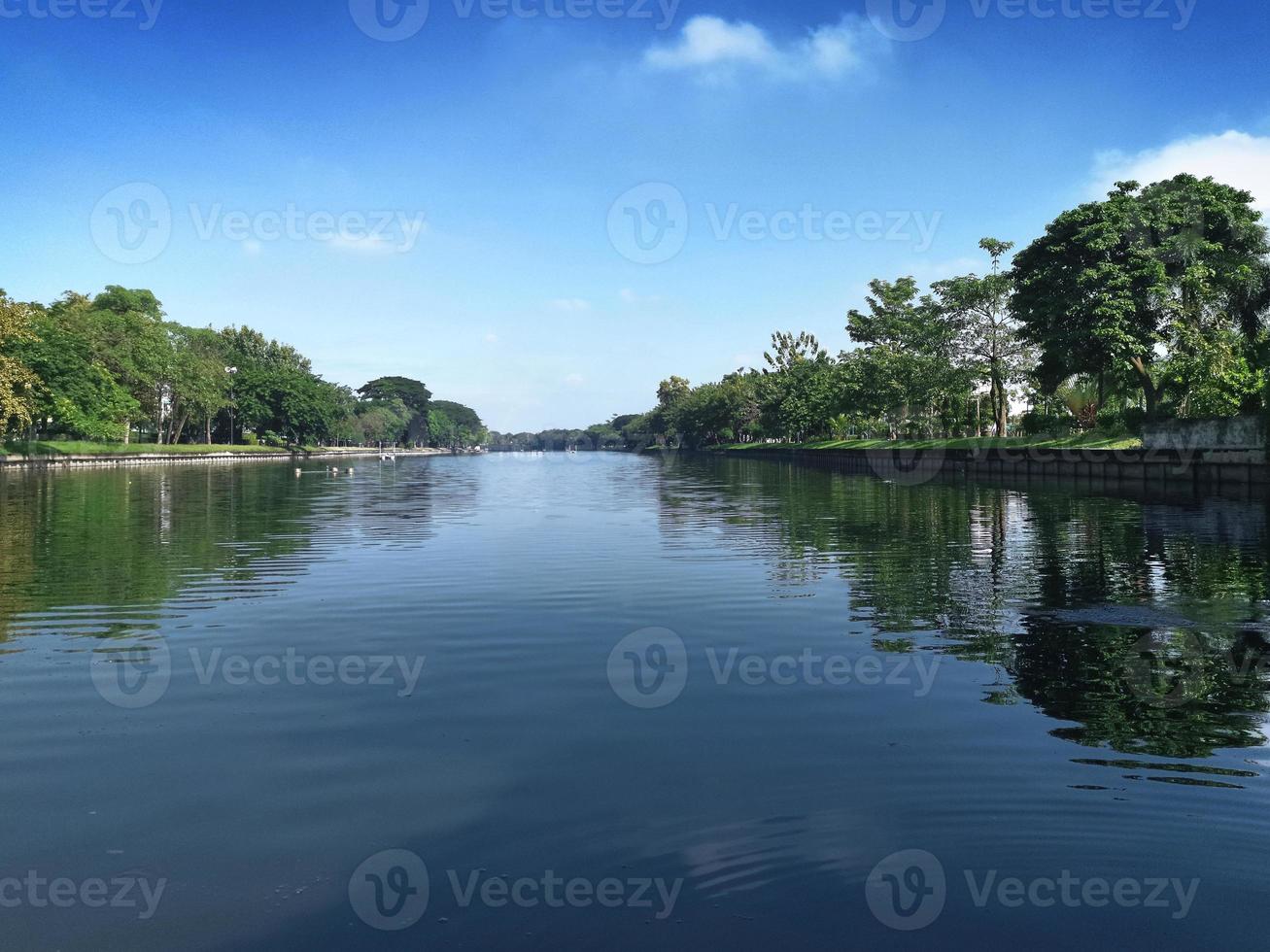 A large pool in the middle of the park is filled with large trees surrounded by the bright blue sky photo