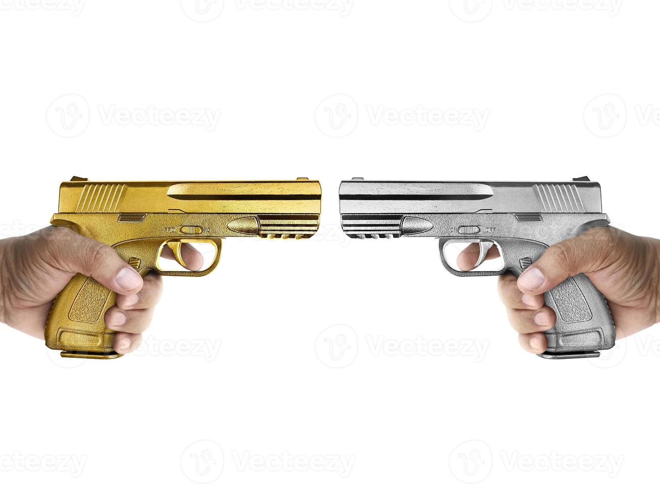 A man with gun silver metal and A man gun gold metal isolated on white background photo