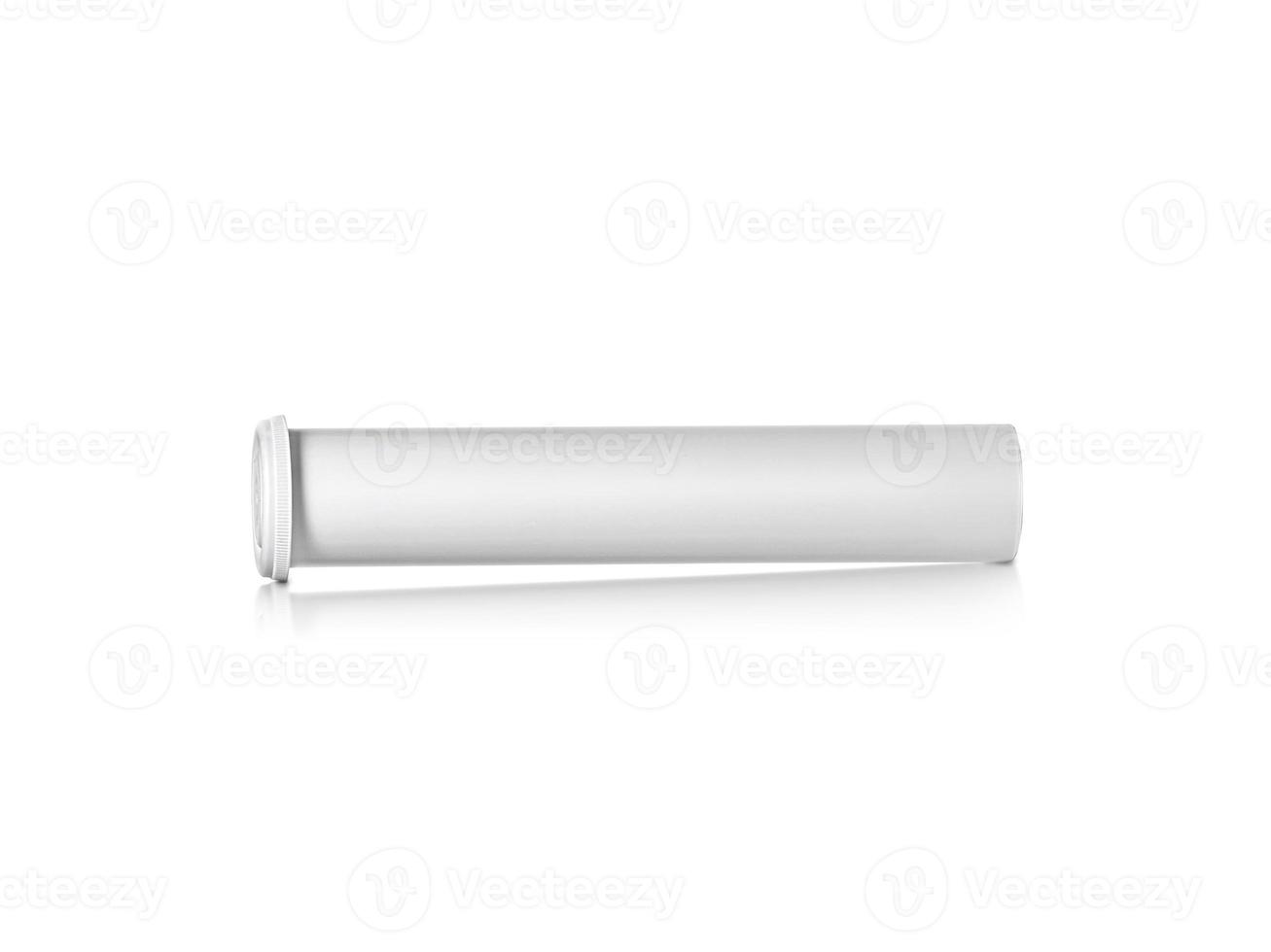 Round white matte aluminum tube with cap for effervescent or carbon tablets, pills, vitamins. Realistic packaging vector mockup template. Side view photo