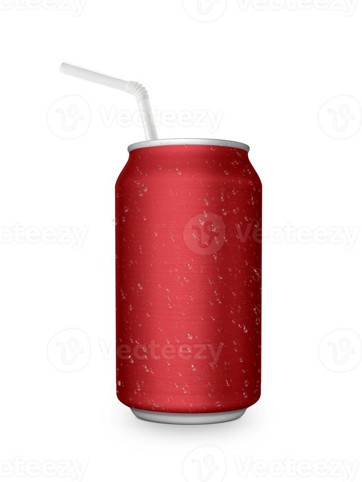Aluminum can with the ring pull and straw. Isolated on a white photo