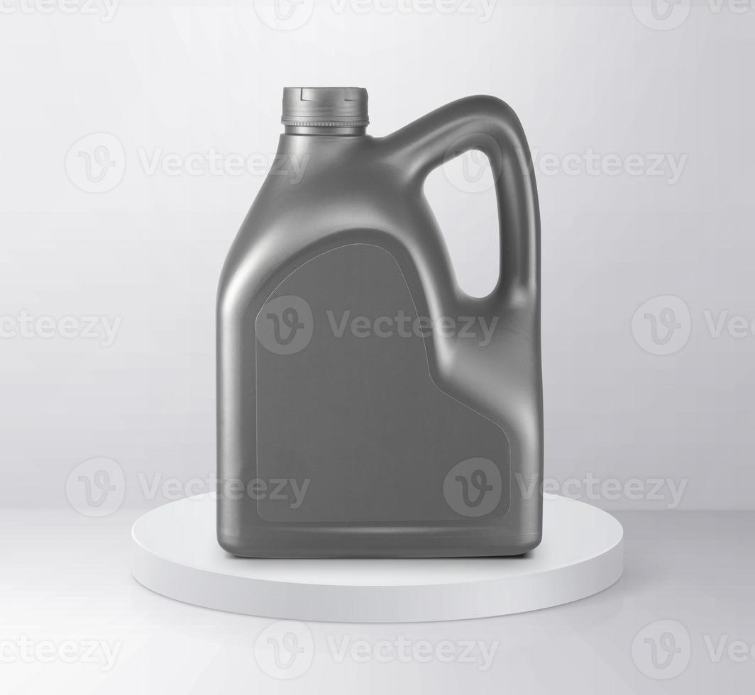 Plastic canister for machine oil on Shiny white round pedestal podium photo