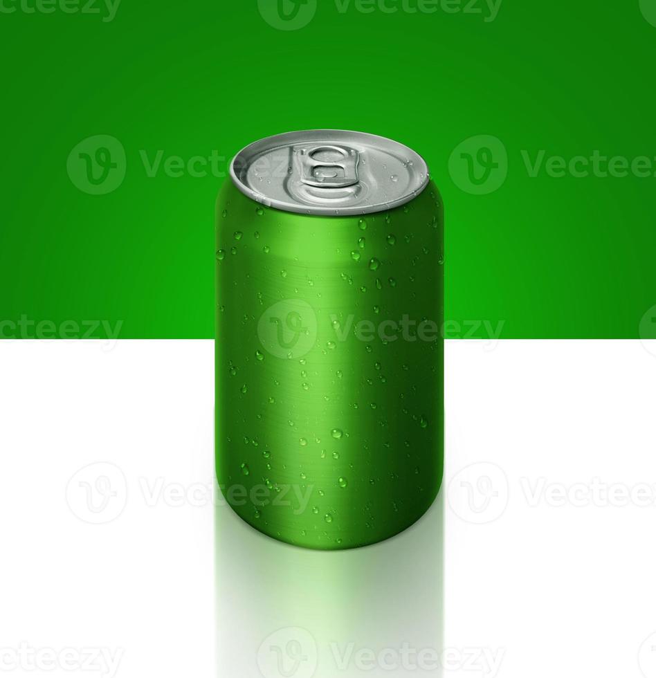 Aluminum green soda can on white and green background For design photo