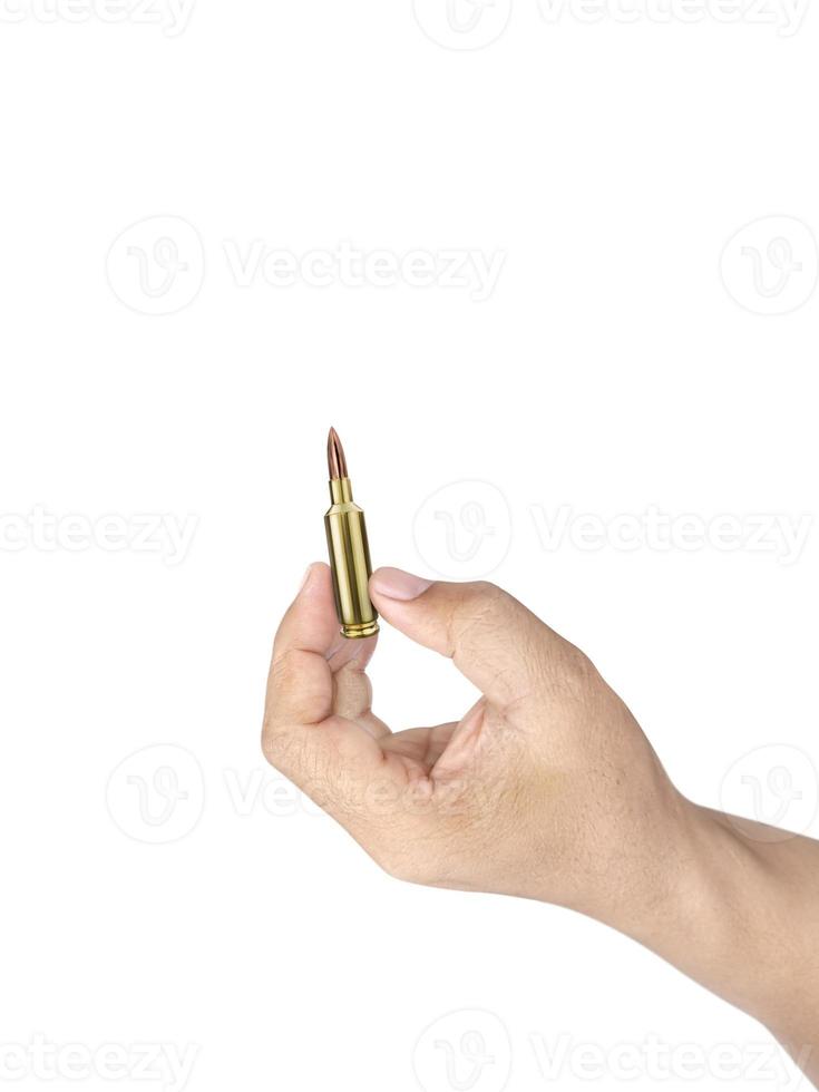 bullet in a man's hand on a white background photo