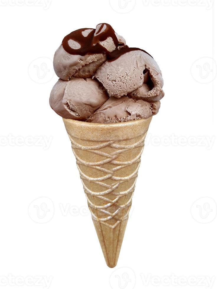 Chocolate Ice cream in the cone on white background photo