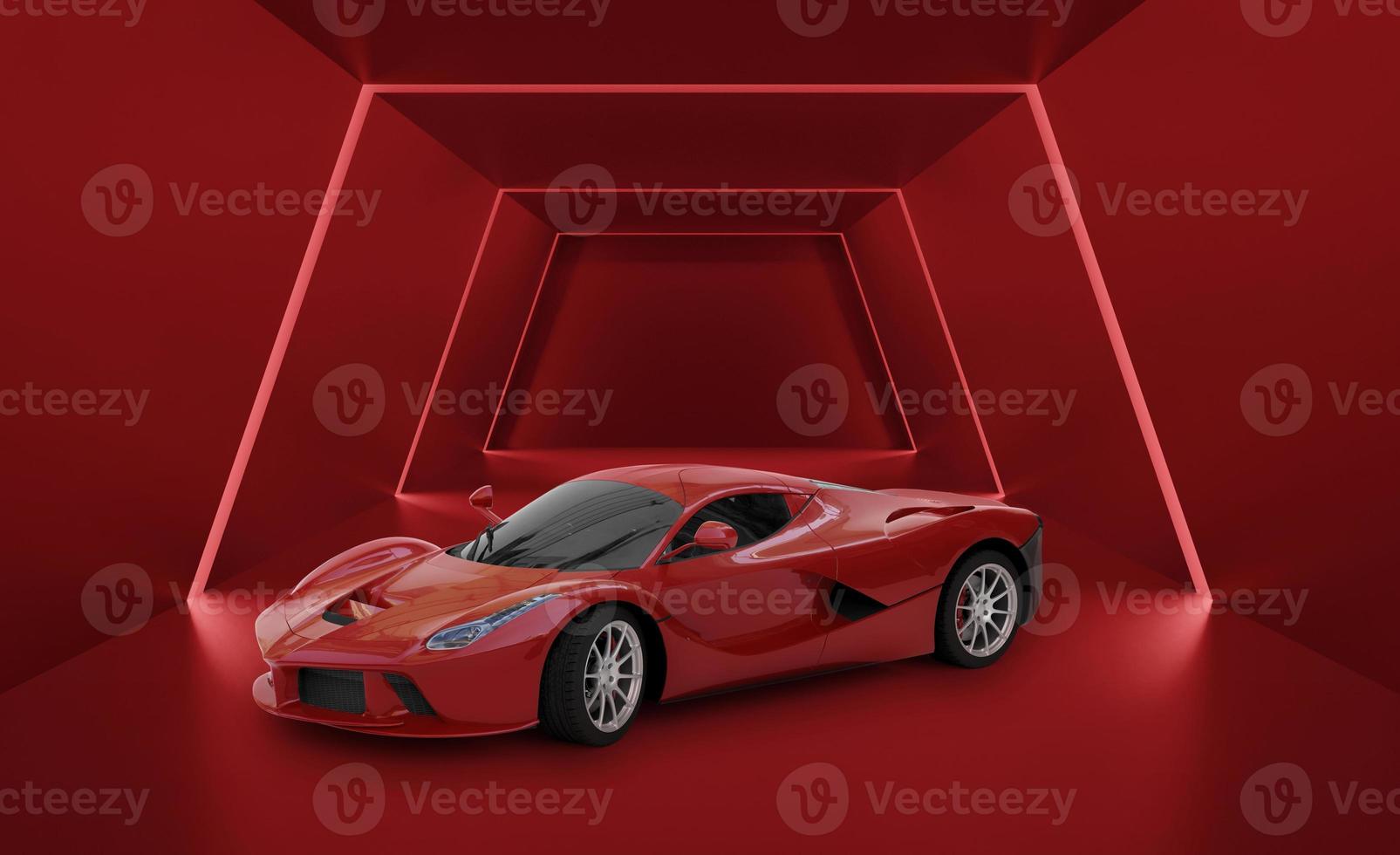 Scarlet red elegant sports car and red glowing neon light abstract background, sci-fi, technology concept, product display, showroom. 3D Render photo