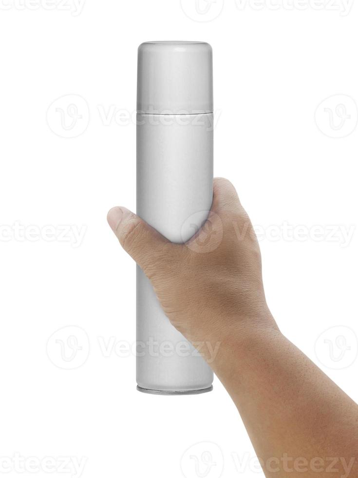 White spray bottle on hand isolated on a white background photo