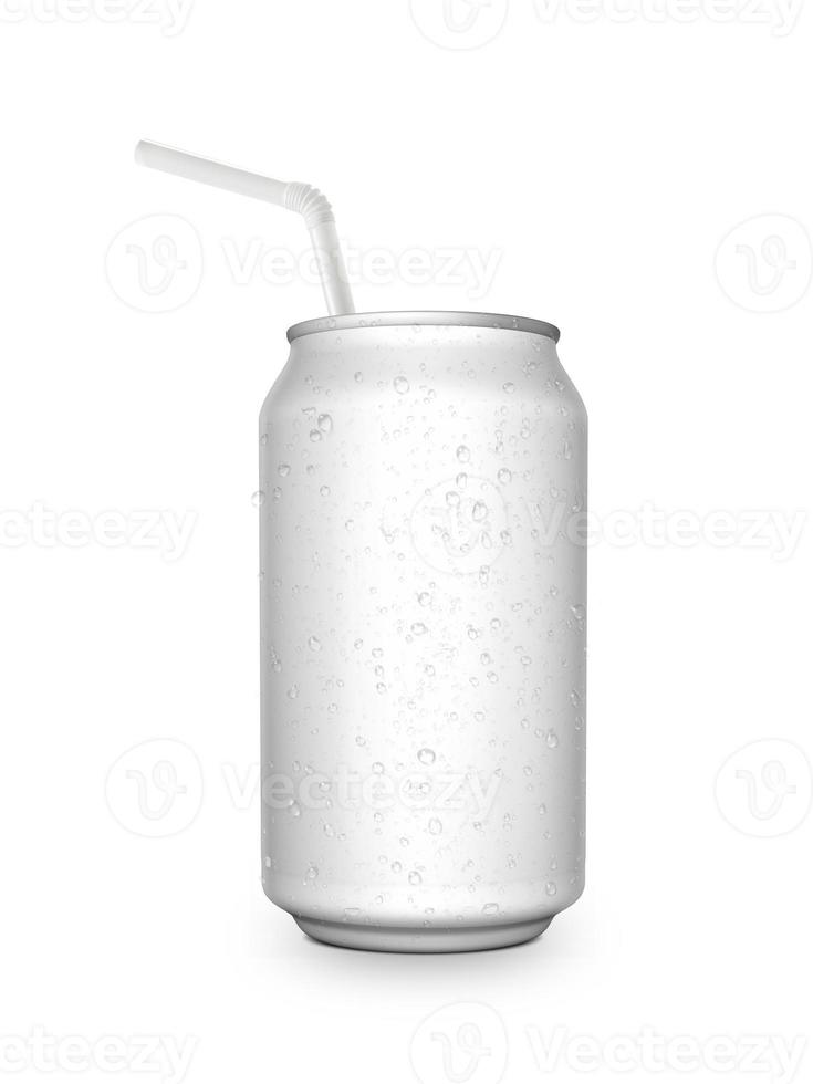 Aluminum can with the ring pull and straw. Isolated on a white photo