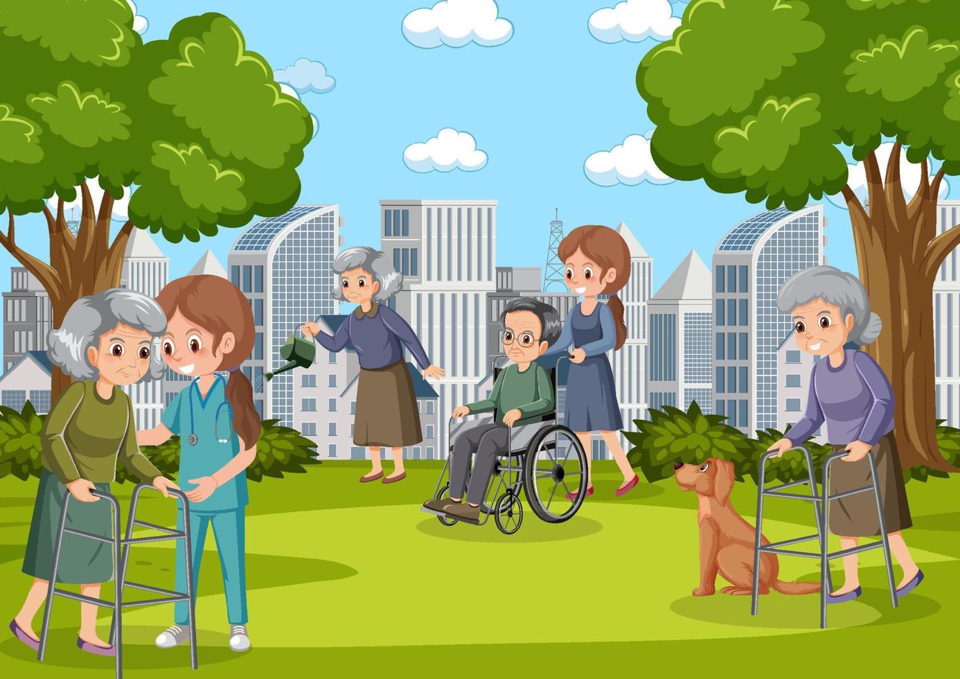 Outdoor park with elderly people and caregivers vector