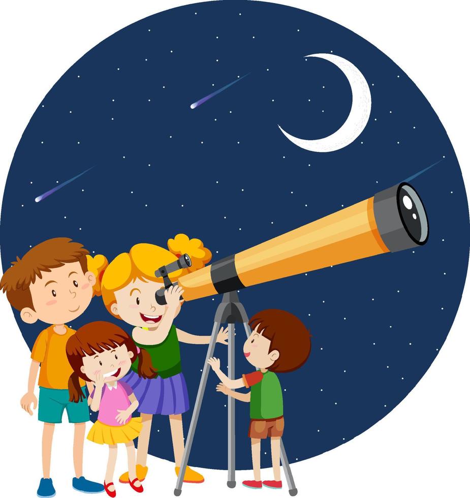 Happy kids observe night sky with telescope vector
