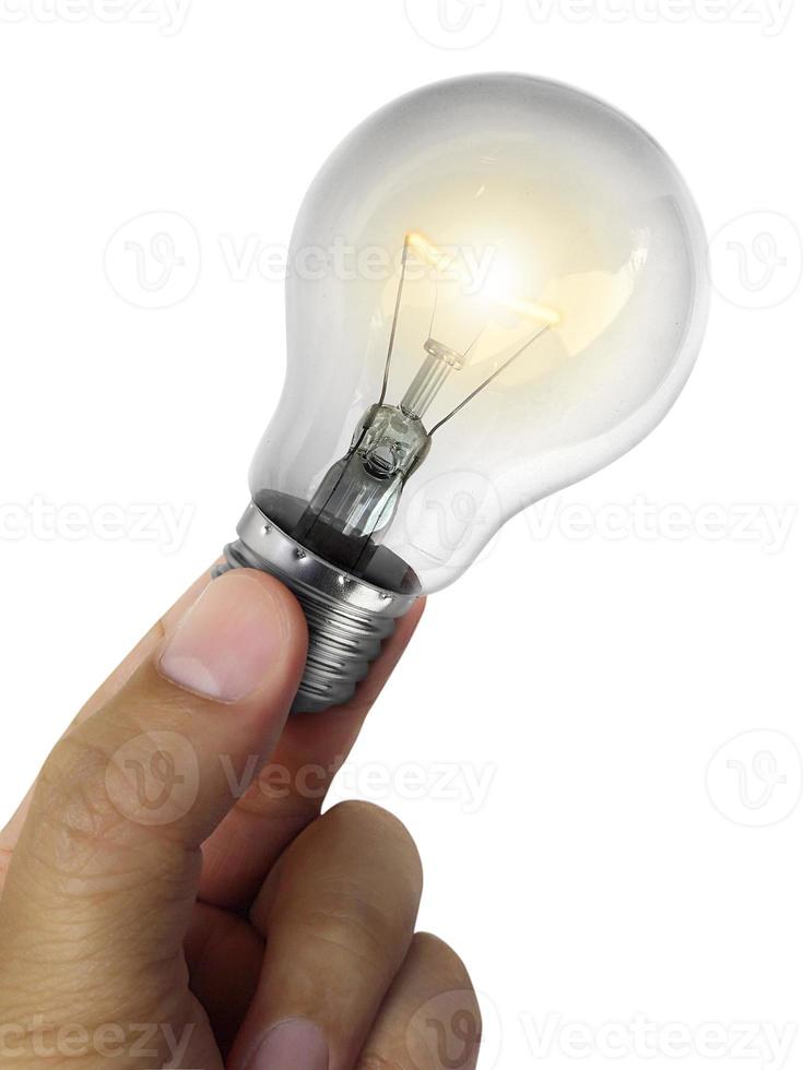 A man's hand holding an Light bulb open, isolated, on white background photo