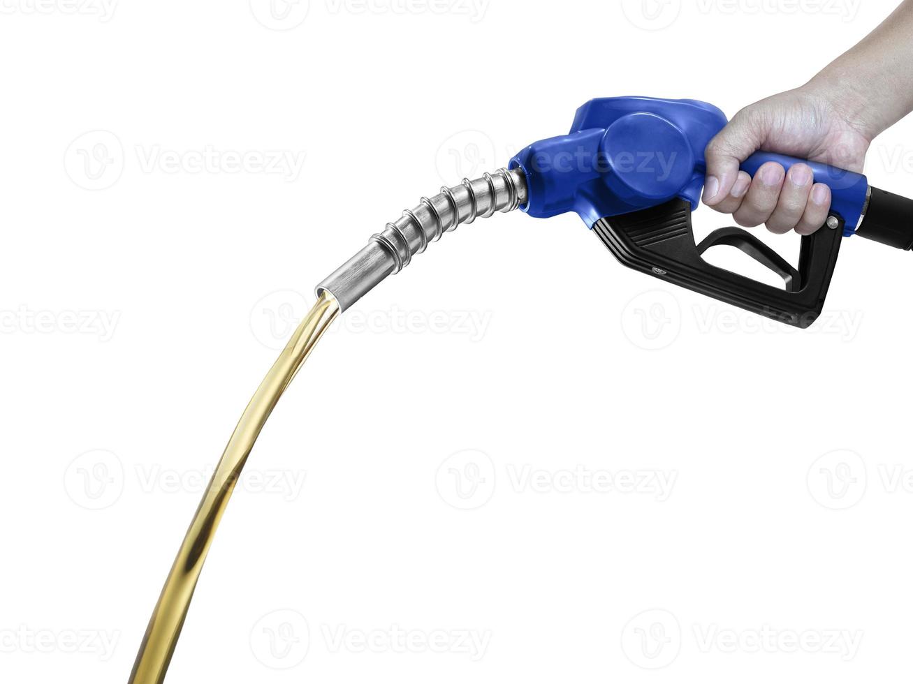 Hands holding Fuel. nozzle with hose isolated on white background photo