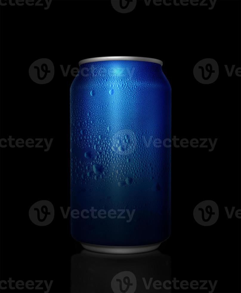 Concept of thirst and quenching thirst. Blue metal can with cola or beer. Drops of condensation on the surface photo