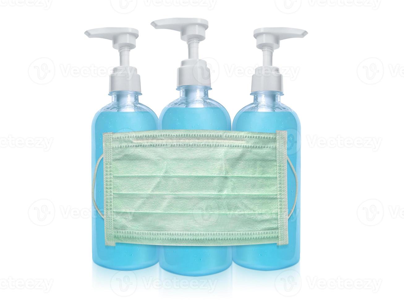 Hygienic face mask and Alcohol gel Sanitizer hand gel cleaners for anti Bacteria and virus on White Background, People using alcohol gel to wash hands to prevent COVID-19 virus photo