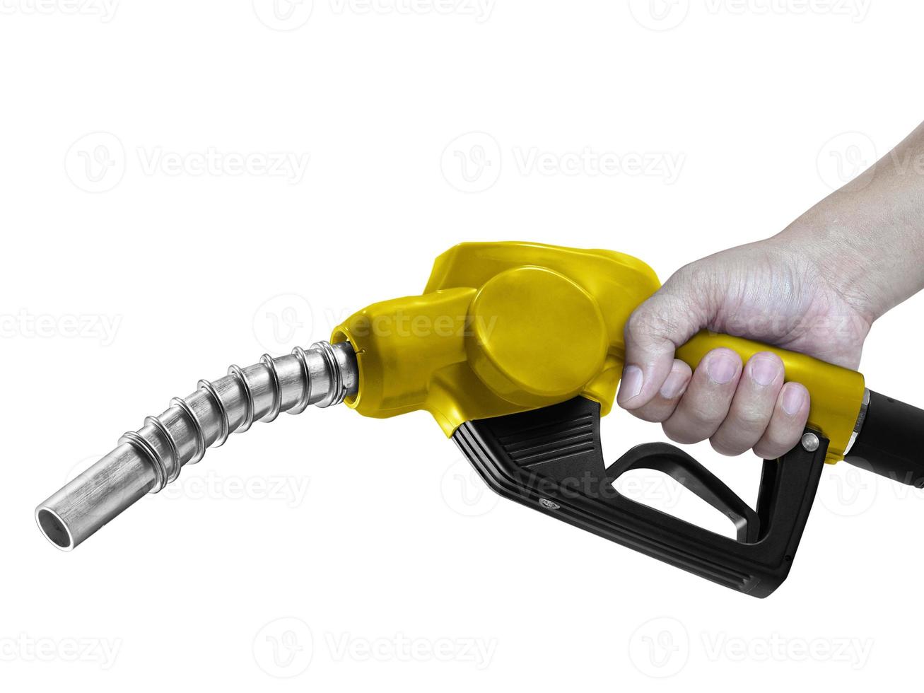 Hands holding Fuel. nozzle with hose isolated on white background photo