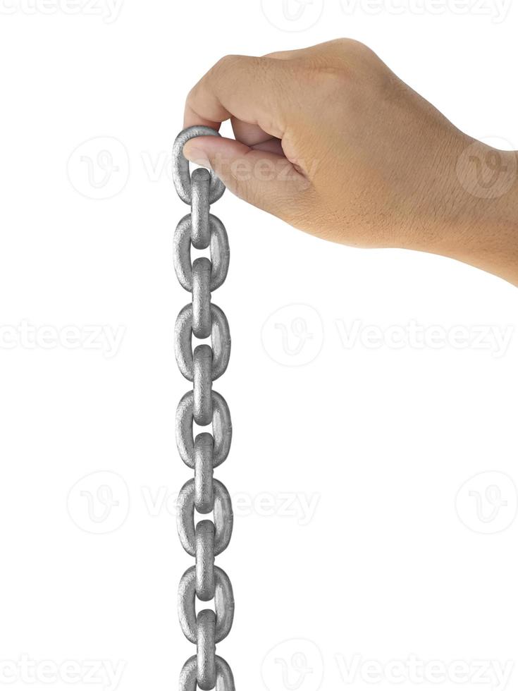 mano sujetando la cadena de metal sobre fondo blanco. foto