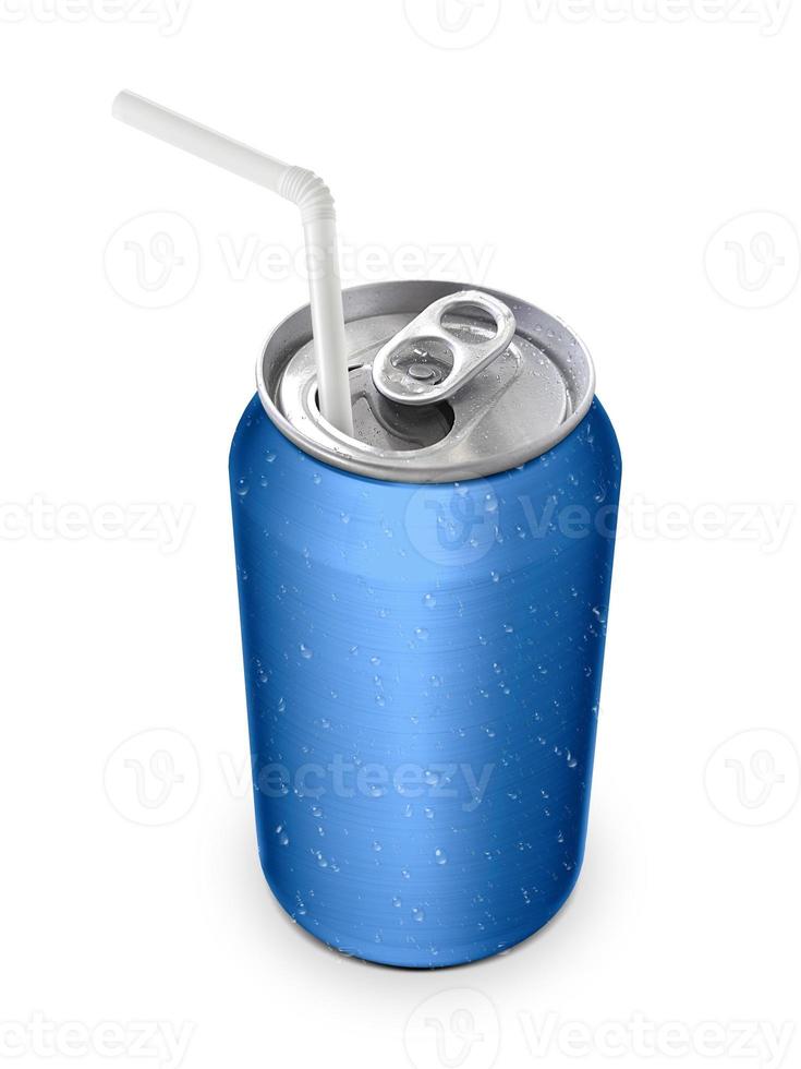 Aluminum can with the ring pull and straw. Isolated on a white photo