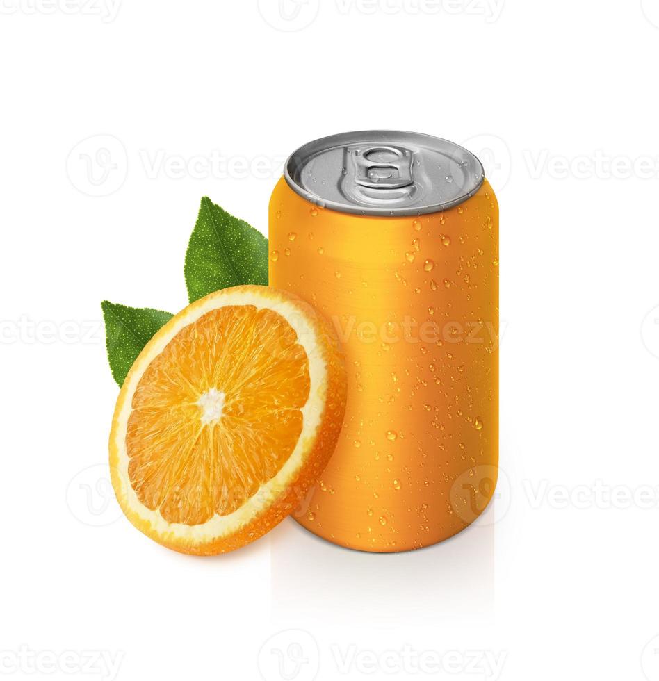 Aluminum orange soda can with fruits, isolated on white photo