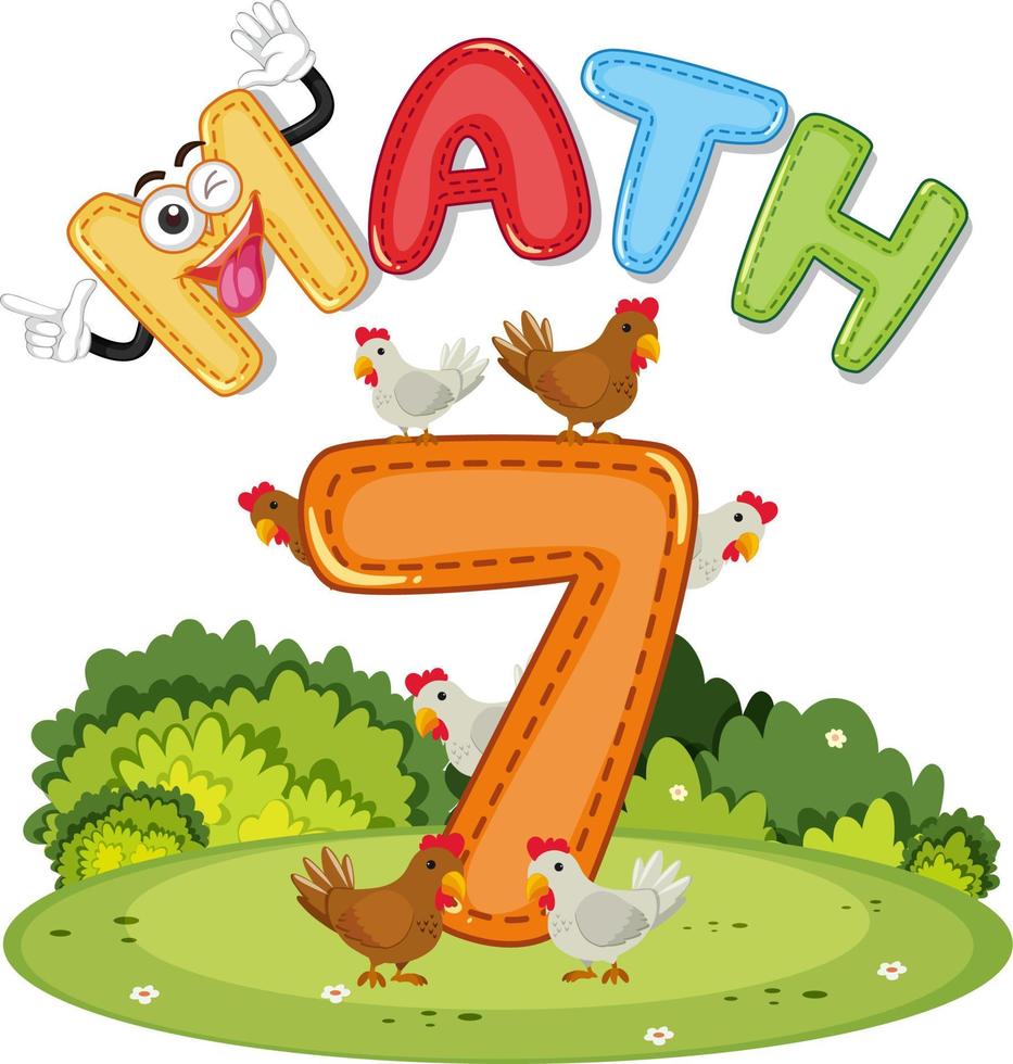 matemáticas número 7 con siete pollos vector