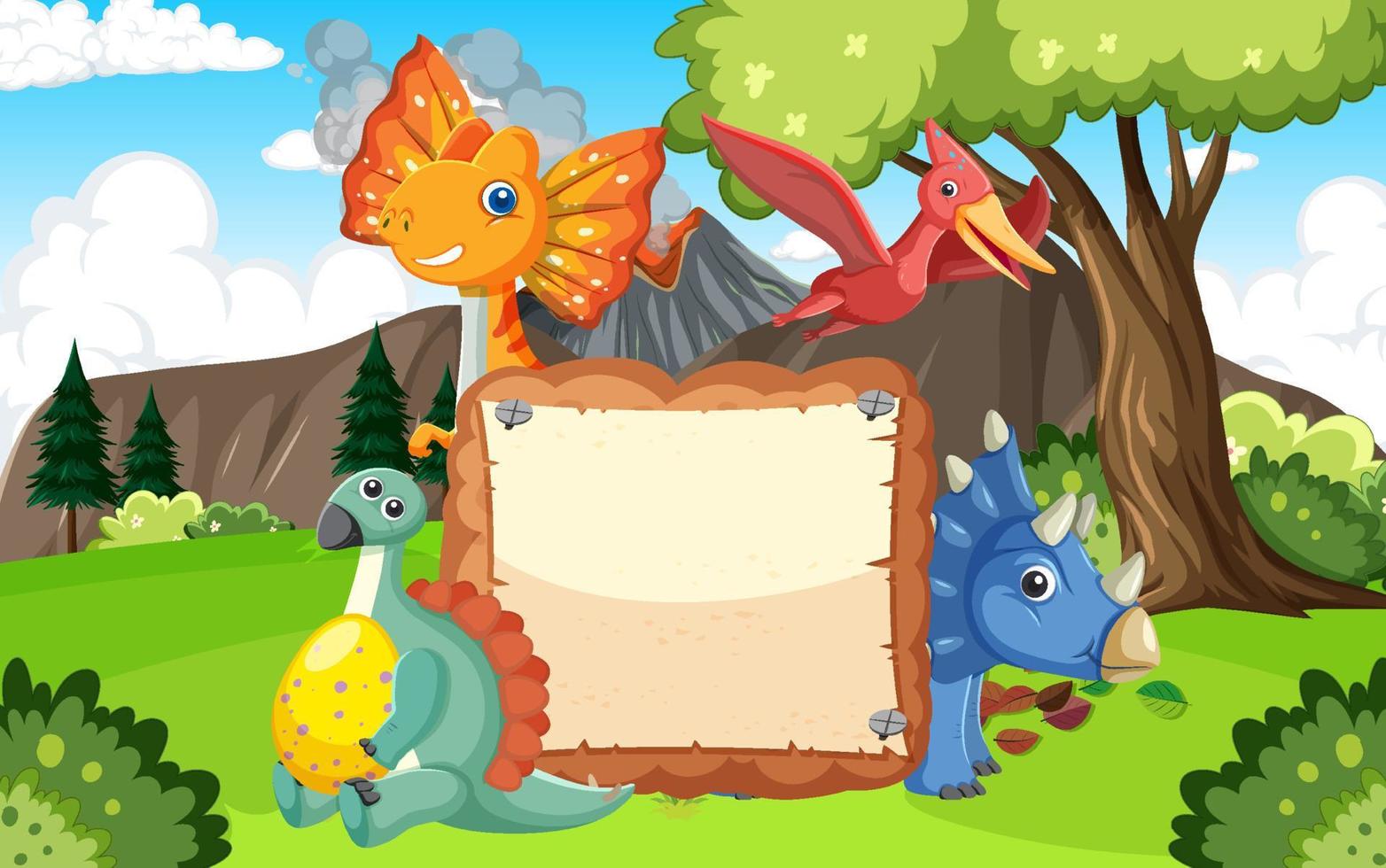 Empty board with cute dinosaurs cartoon characters vector