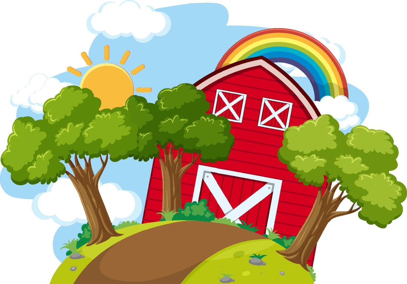 Farm barn with tree and rainbow vector