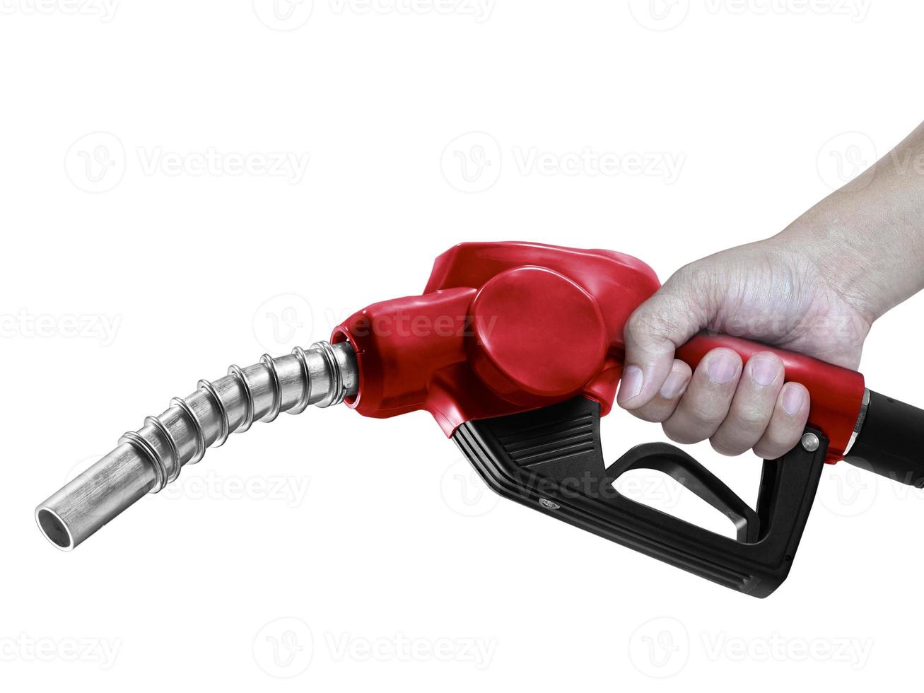 Hands holding Fuel. nozzle with hose isolated on white background photo