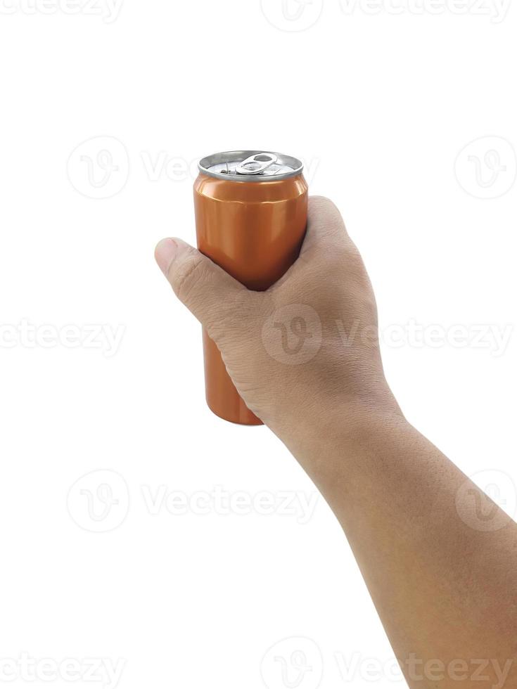 Cans aluminum of on hand isolated on a white background photo