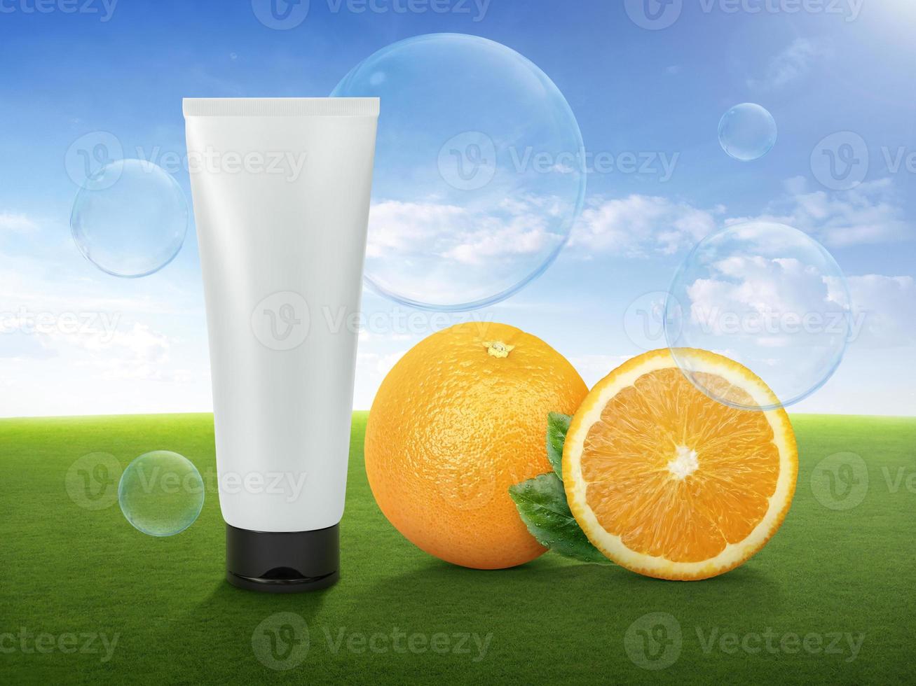 Natural vitamin c skincare products fresh juicy orange fruit slice and green leaf. Cosmetic beauty product branding mock up photo