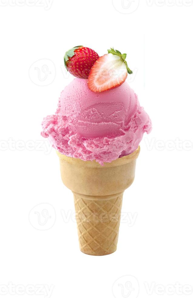 strawberry Ice cream in the cone on white background photo