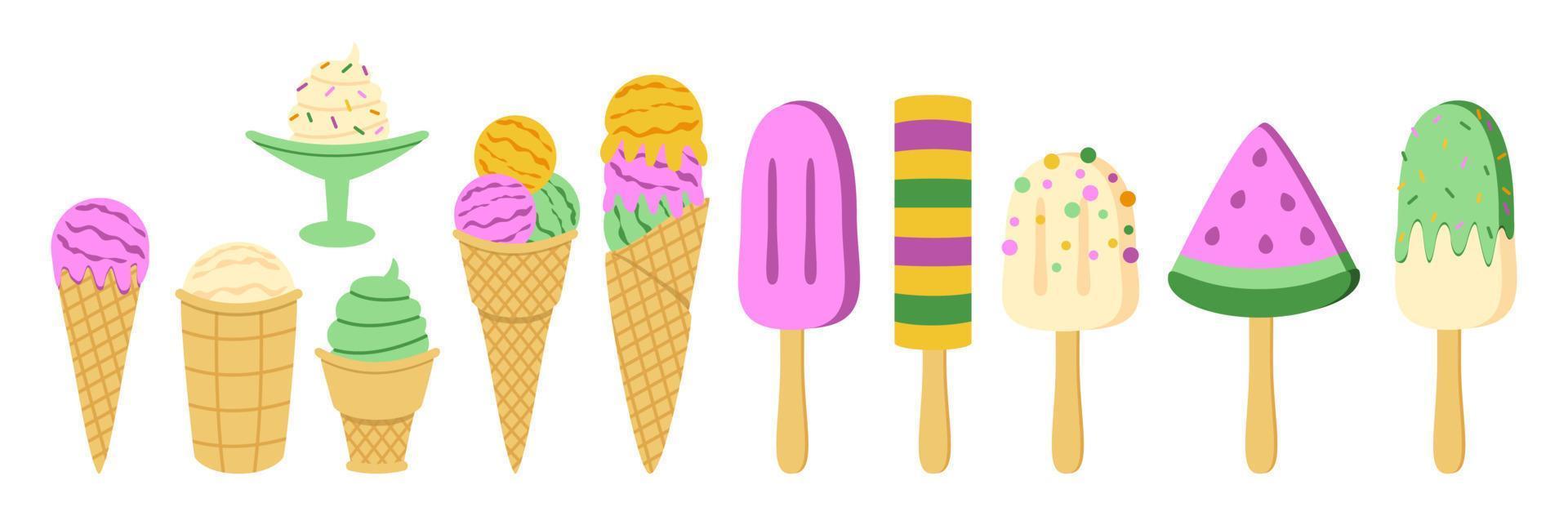 Ice Cream Set - Popsicle, Ice Lolly, Ice Cream Scoop in a Waffle Cone vector