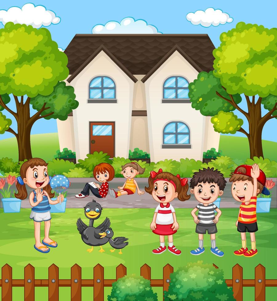 escena de la casa con muchos niños vector