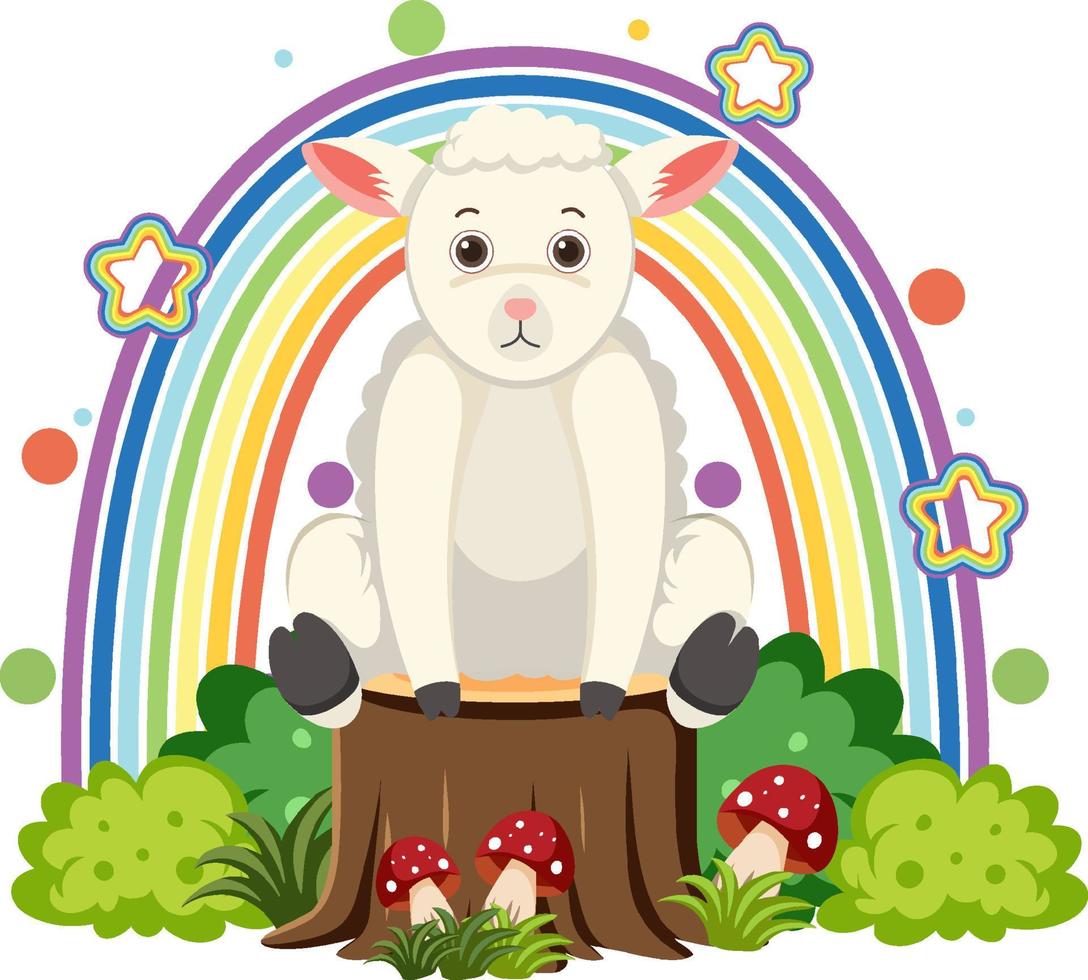 Cute sheep on stump in flat cartoon style vector