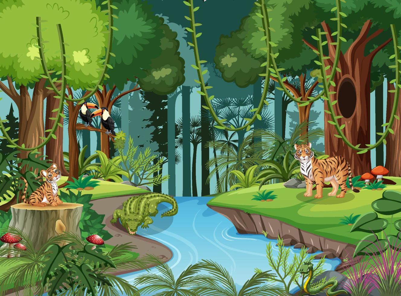 Wild animals cartoon characters in the forest scene vector