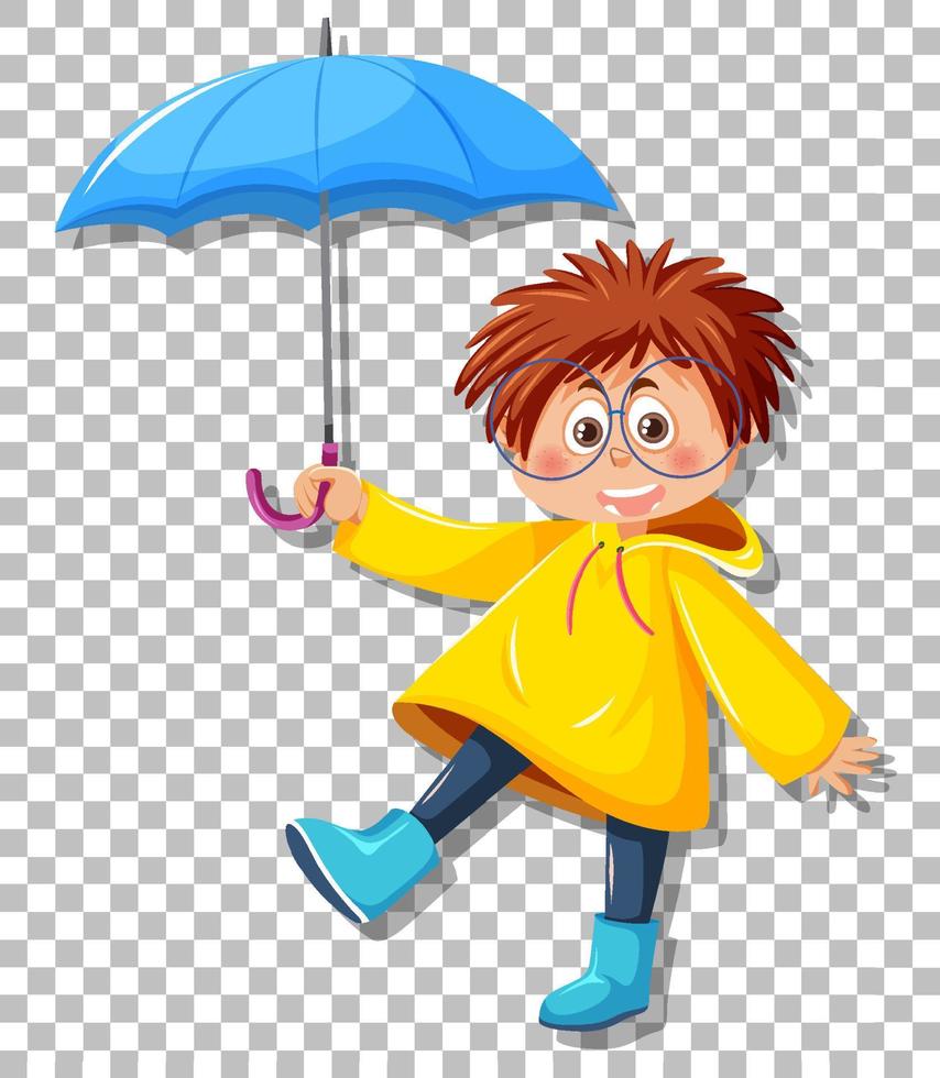 un niño con impermeable amarillo con fondo de rejilla de paraguas vector