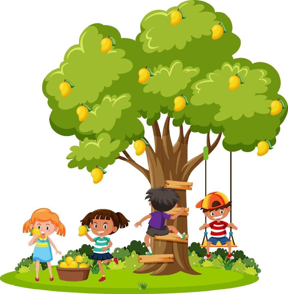 niños cosechando mango del árbol vector