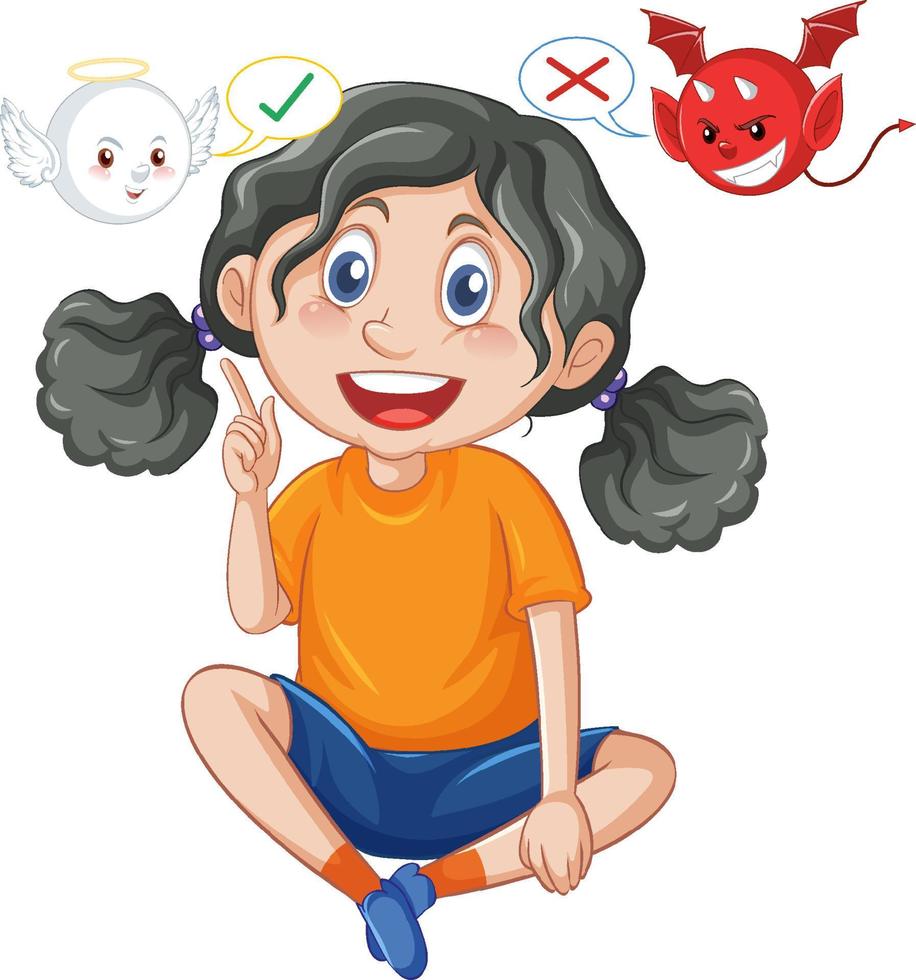 Cartoon character with devil and angel fighting in thought vector