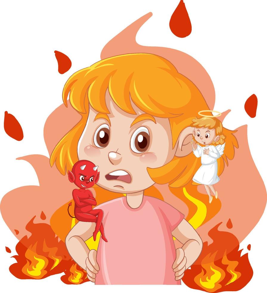 Cartoon character with devil and angel fighting in thought vector