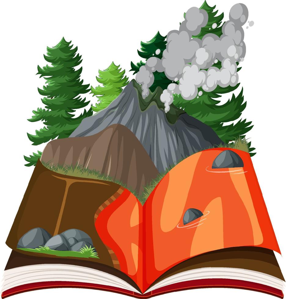 escena en libro con volcán en bosque vector