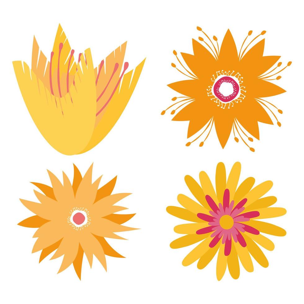 conjunto de iconos de flores naranjas amarillas planas en silueta aislado en blanco. lindo diseño retro en colores brillantes para pegatinas, etiquetas, etiquetas, papel de regalo. iconos de flores turquesas en silueta vector